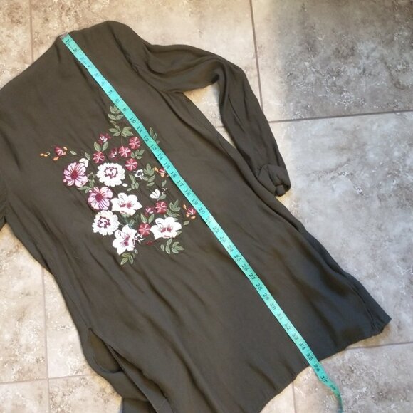 Gibson Latimer Olive Green Floral Embroidered  Kimono Jacket Duster Coat Size S - Picture 11 of 13